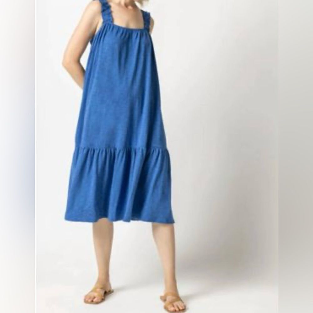 Lilla P Gathered Strap Peplum Midi Dress Cotton Modal Blend Marlin Blue XS NWT